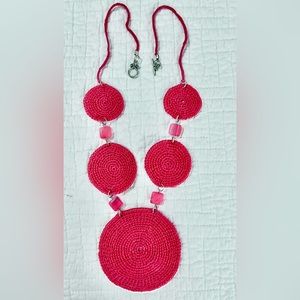 Pink Agate and Crochet Necklace set, fuchsia, 15”, 3.5”